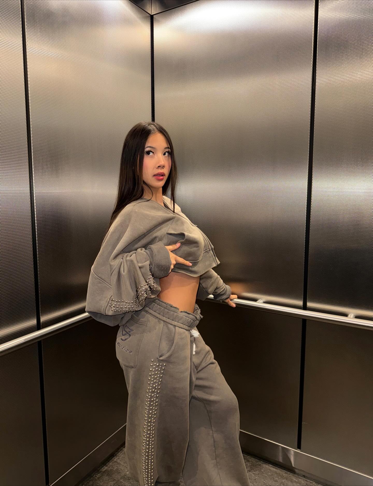 Luxe Studded Oversized Tracksuit Set – Gray